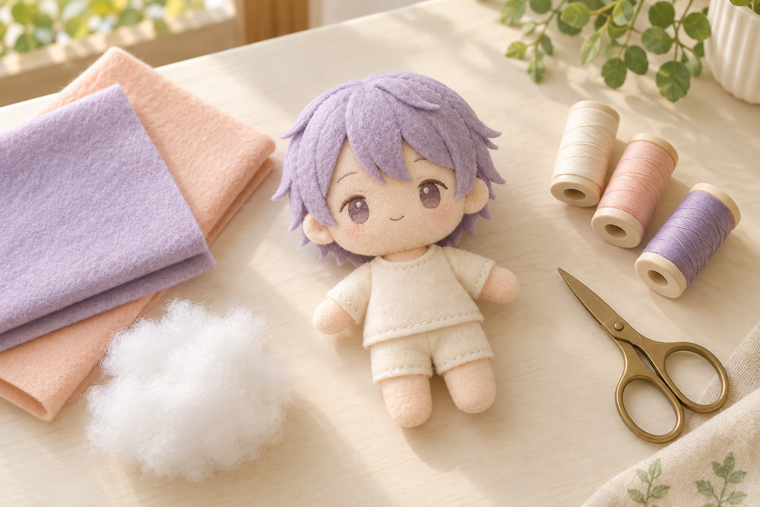 紫色の髪のオリジナル推しぬいとフェルト、糸、綿を並べたAI生成の制作イメージ。実際の制作記録や商品写真ではありません。