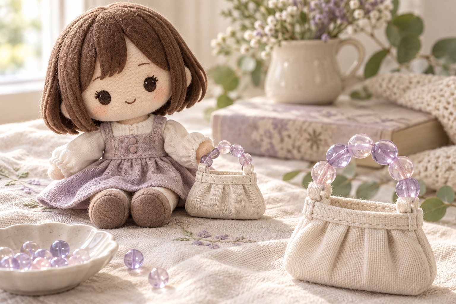 紫の服のオリジナル推しぬいと、紫・ピンクのビーズ持ち手のミニバッグ。AI生成のコーデイメージ