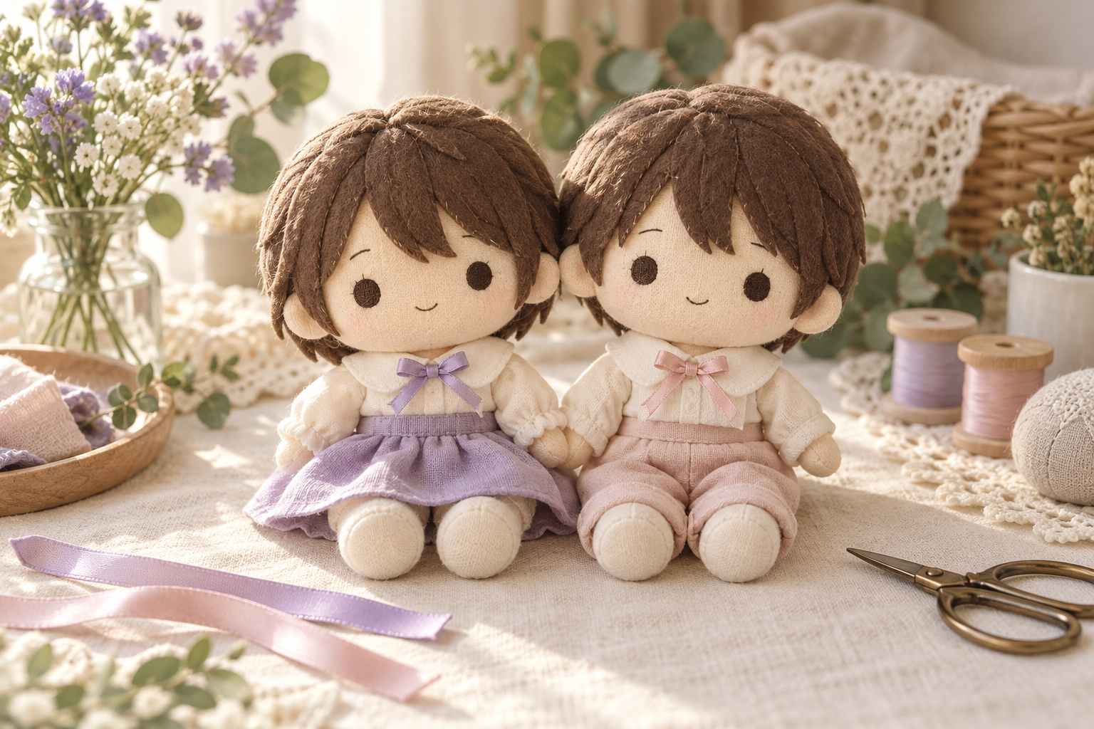 紫とピンクのリボンを白い襟に付けた、オリジナル推しぬい2体のAI生成コーデイメージ
